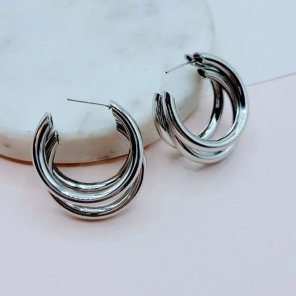 5/$25 Silver Color Triple Hoop Statement Earrings - Picture 7 of 8